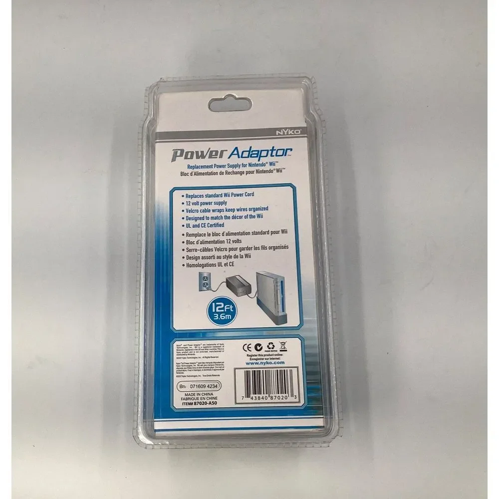 NYKO Power Adaptor Replacement Power Supply for Nintendo Wii‎ 12' Cord